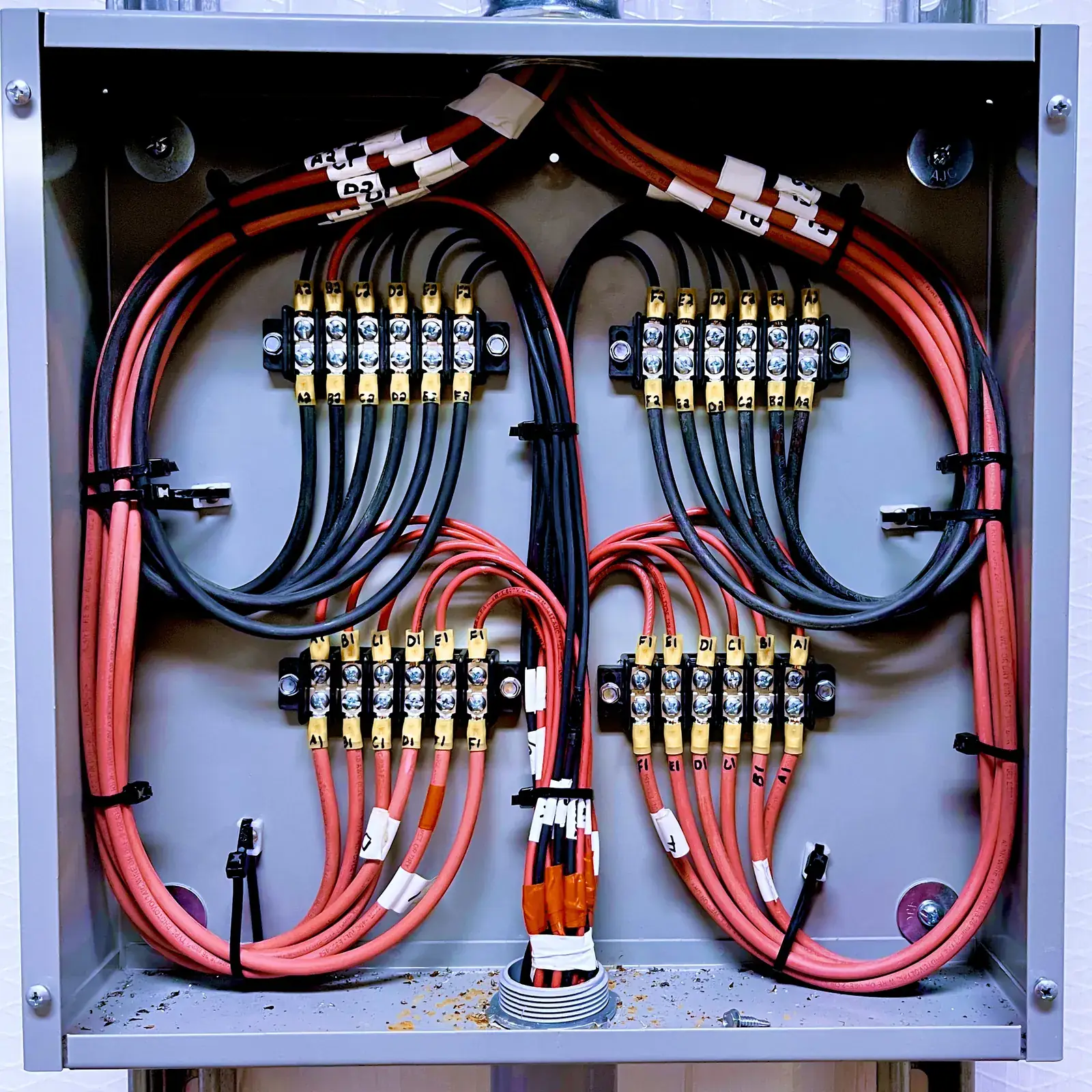 Distribution enclosure with color-coded conductors landed on terminal blocks